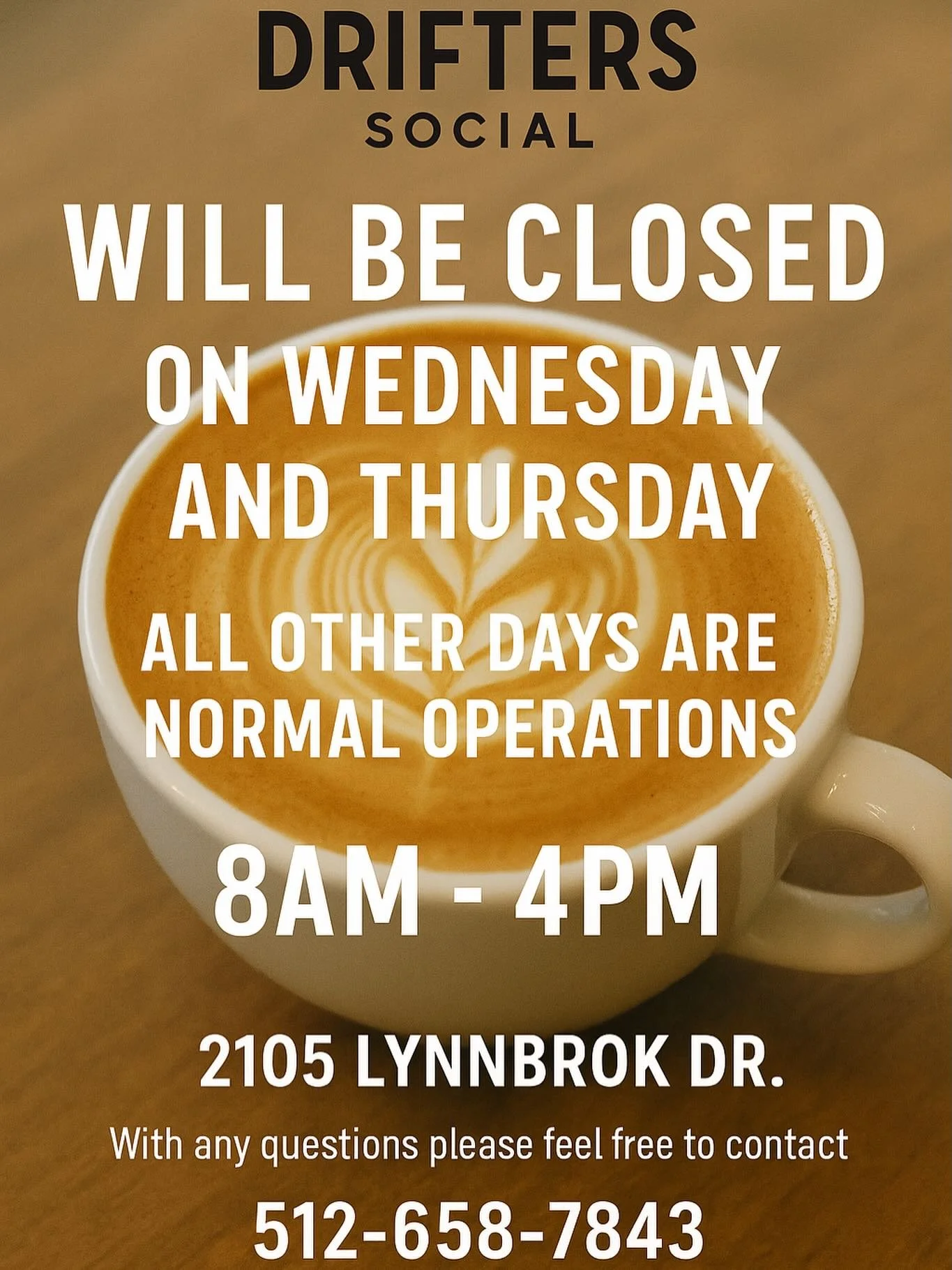 Starting next week, Drifters will be closed on Wednesdays and Thursdays for coffee. We will be open all other days for coffee and operating on normal business hours, 8am-4pm. If there are any question please feel free to reach out to us at info@drift