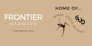 Text-based graphic promoting Frontier Studios and Gabb Dance Program, with a stylized dancer illustration.