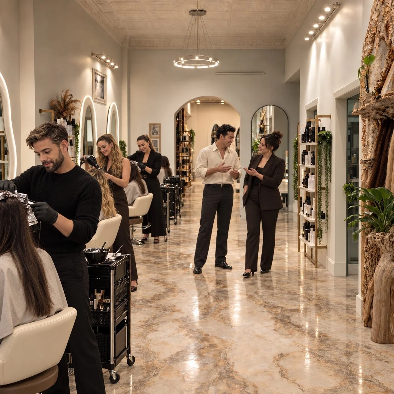 Simon Styles Co. luxury hair salon interior with stylists serving clients in Pompton Lakes, NJ