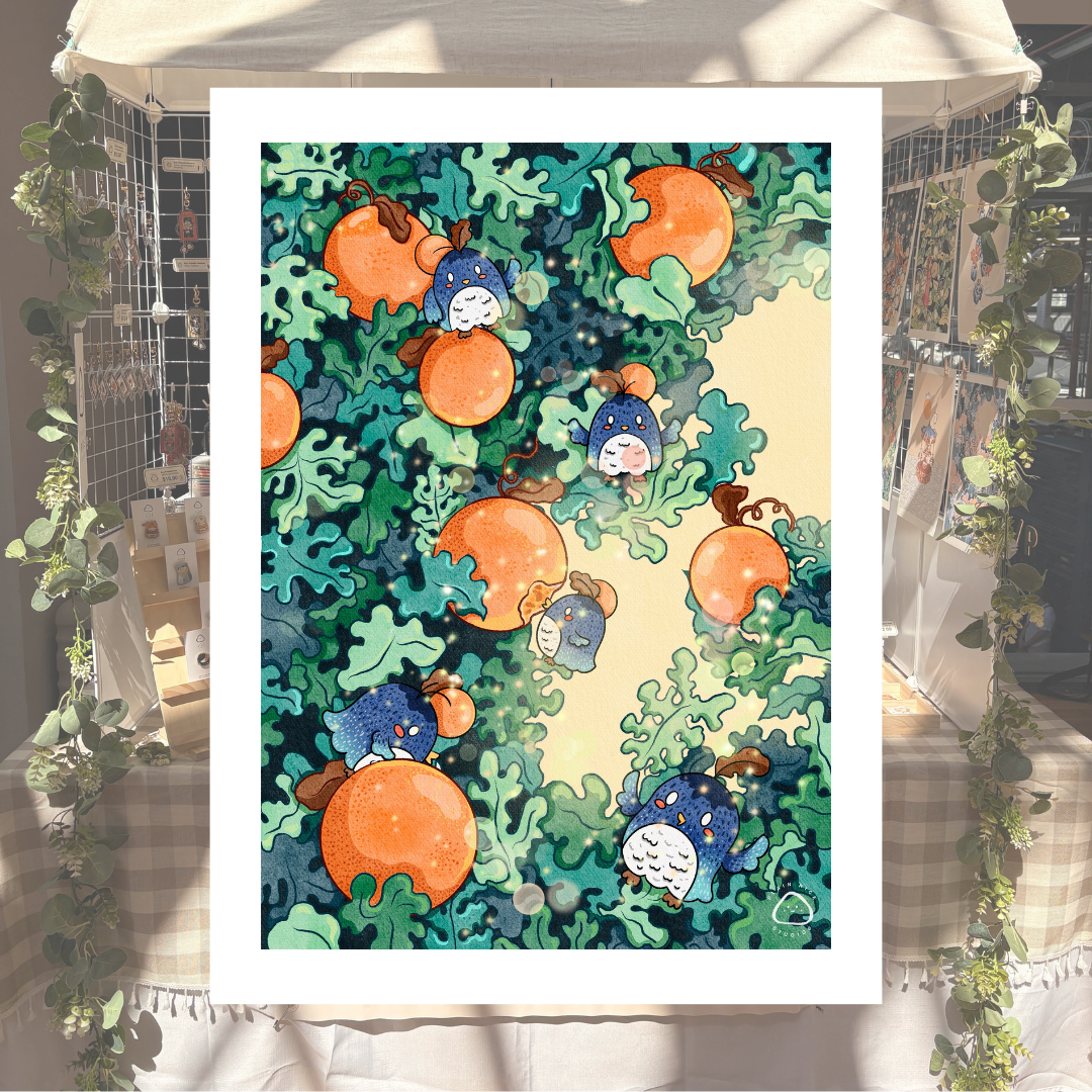 Watercolour Print - Oranges and Owls