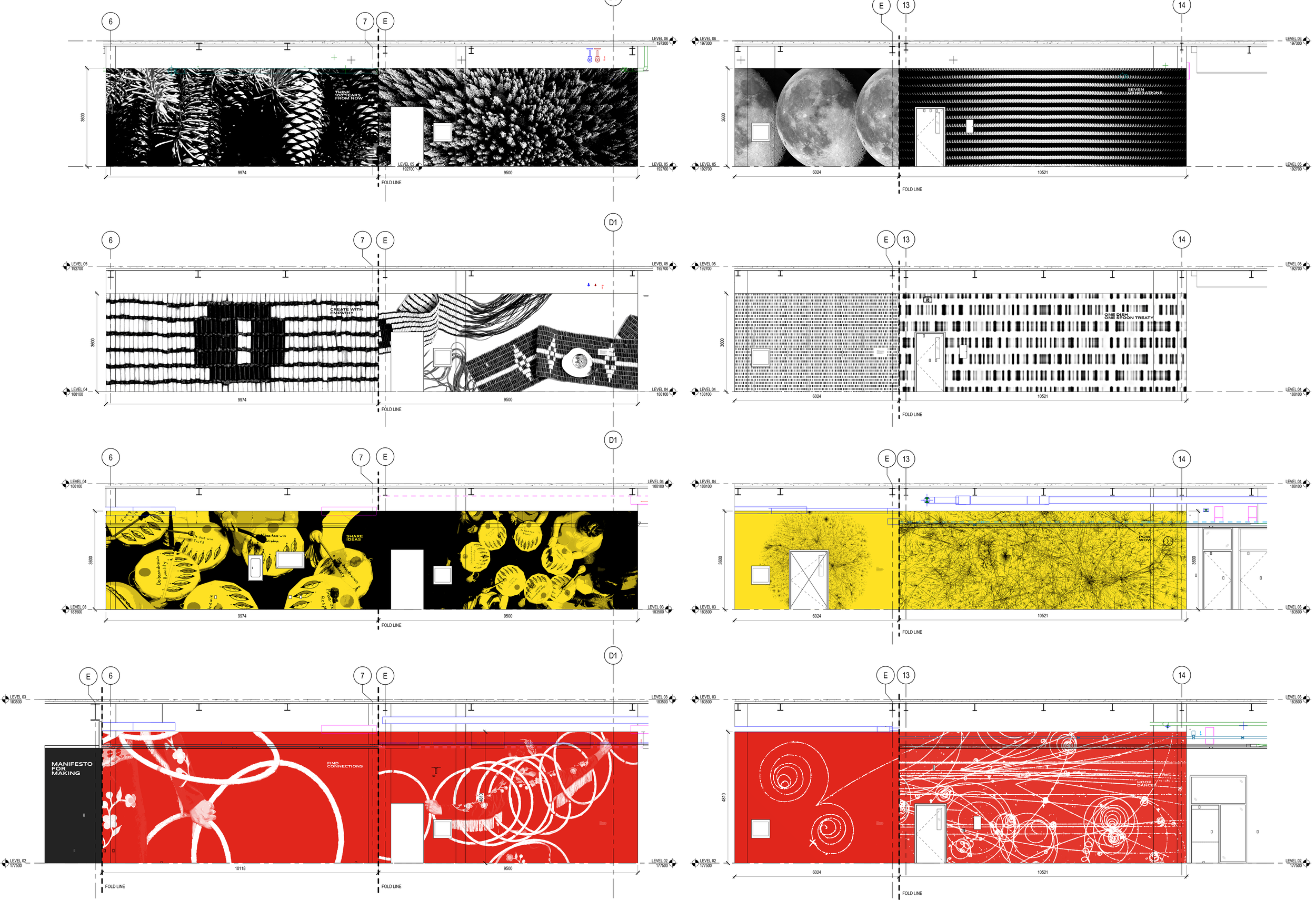 Architectural blueprint with colorful wall designs including plants, moon phases, abstract lines, yellow lanterns, yellow ground patterns, red swirling designs, and white line art on red background.