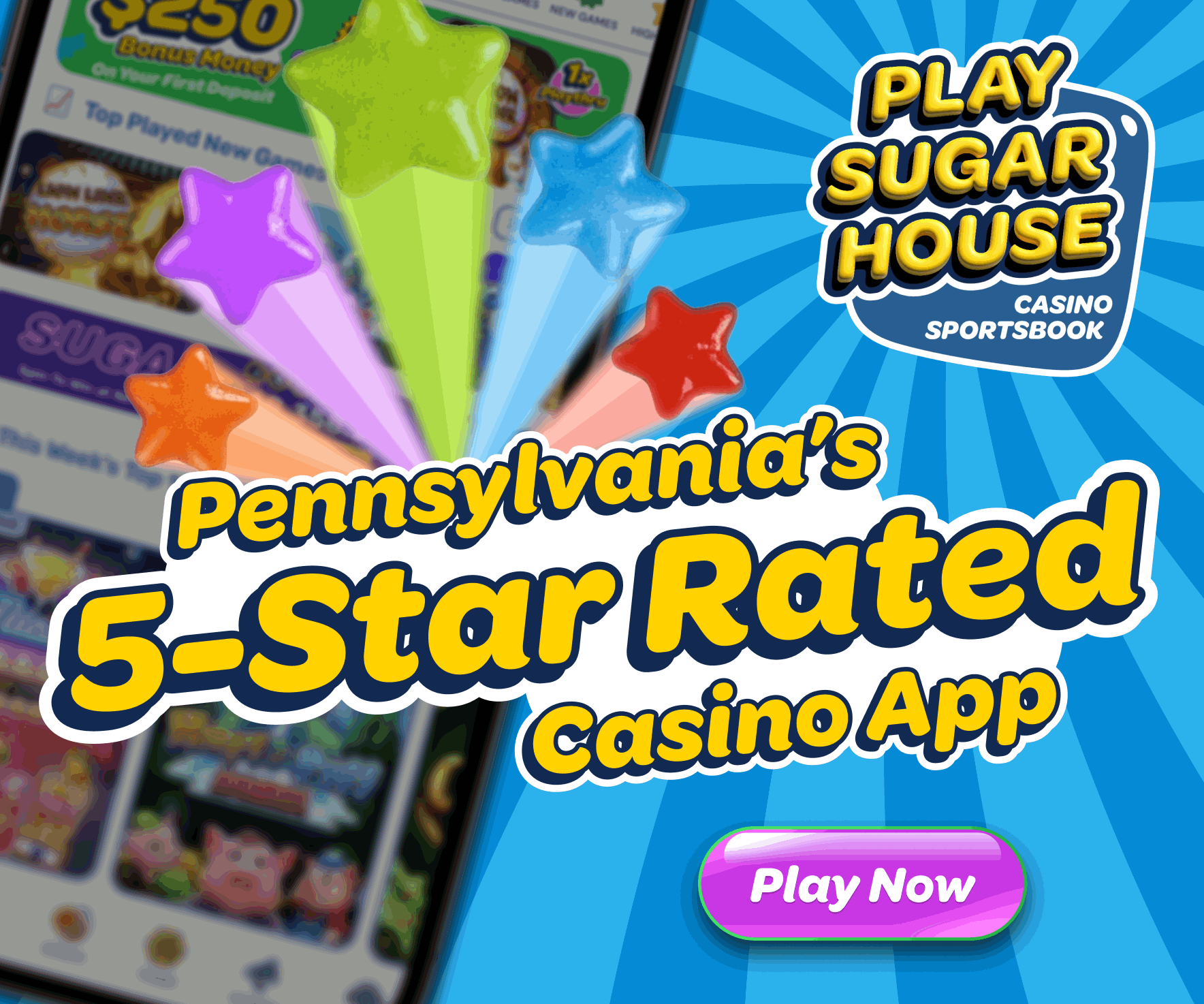 Promotional graphic for the Play Sugar House casino sportsbook app with colorful star candies and a blurred phone screen showing the app's interface.