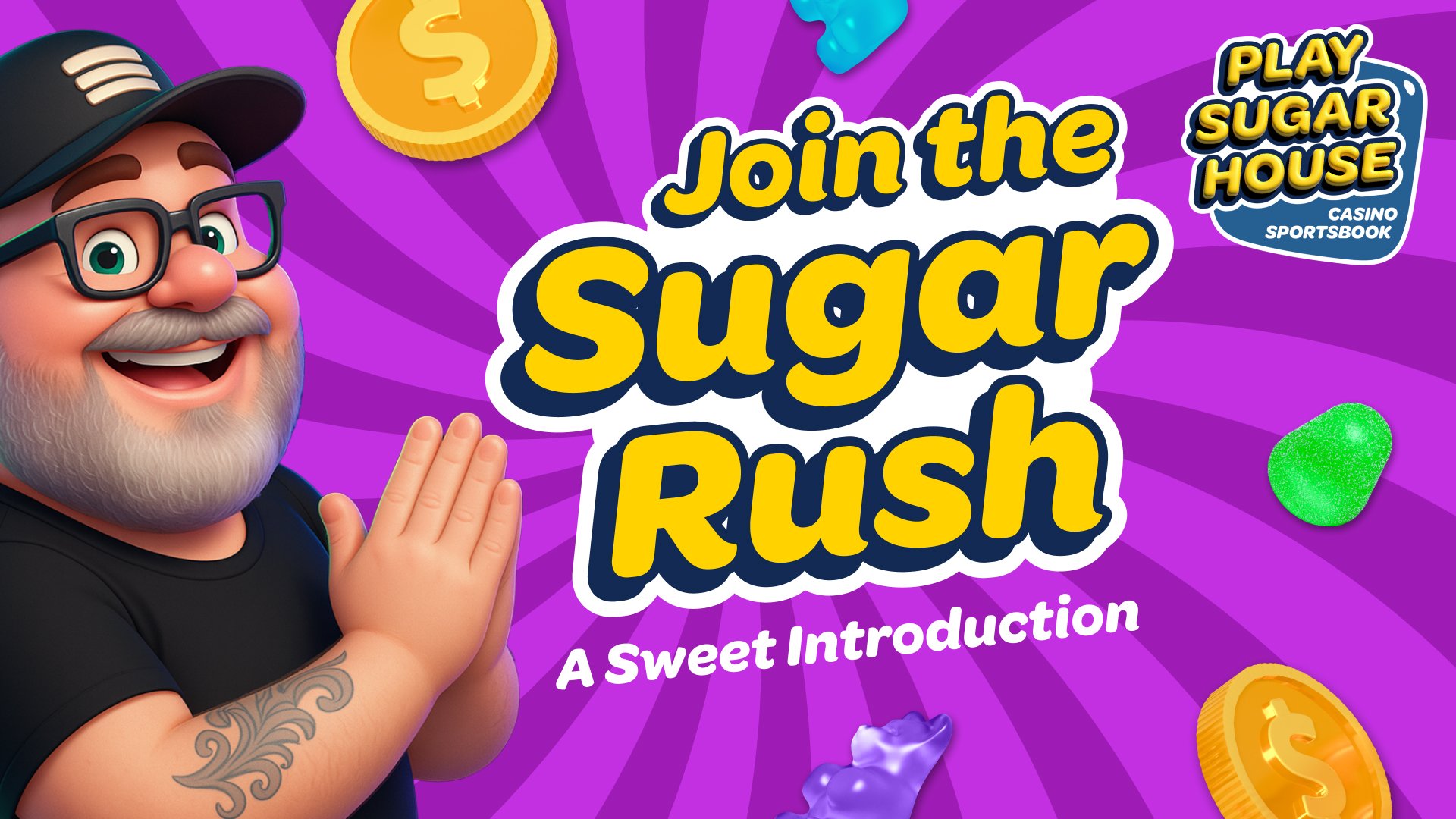 Colorful game advertisement featuring a cheerful cartoon character with glasses, a beard, and a tattoo on his arm, on a purple background with game elements like gold coins and candies, and text promoting the game 'Join the Sugar Rush: A Sweet Introduction'.