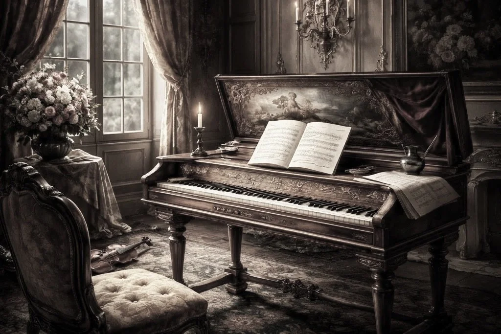 harpsichord in 1700 living room