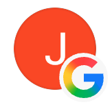 Icon of a red circle with the white letter 'J' and the Google logo overlapping at the bottom right.