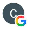 Gray circle with a white lowercase 'c' and the colorful Google logo below