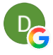 Green circle with white letter D, overlapping the Google logo with blue, red, yellow, and blue colors.