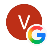 Red circle with a white letter 'V' and a Google logo overlay.