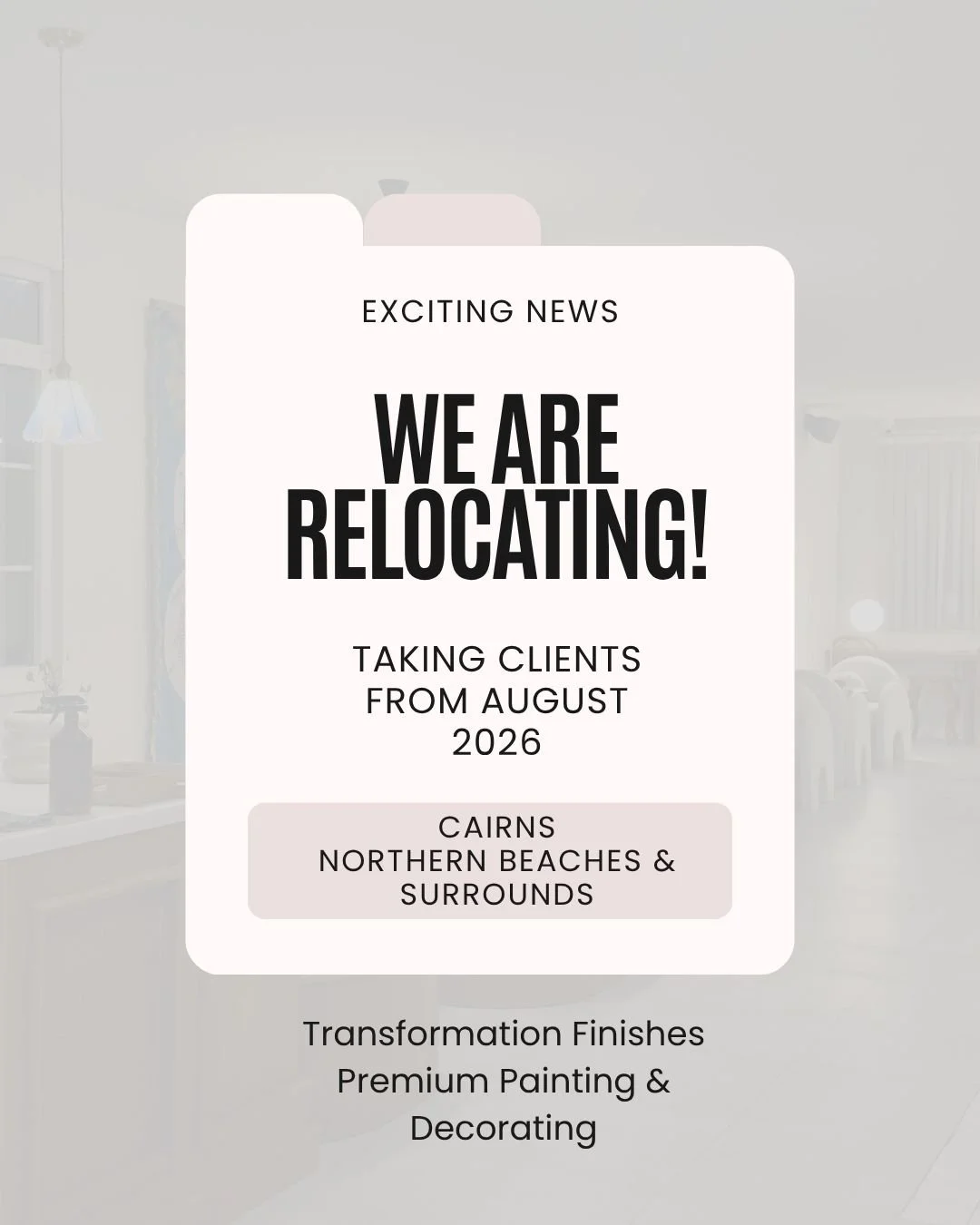 🌴 Big News &ndash; We&rsquo;re Moving!

Transformation Finishes is relocating from Perth to Cairns!

We&rsquo;re excited to bring our passion for high-quality painting and decorative finishes to tropical homes and properties in Cairns and surroundin