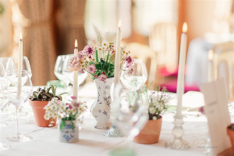 A variety of bud vases and potted plants paired with glass candlestick holders