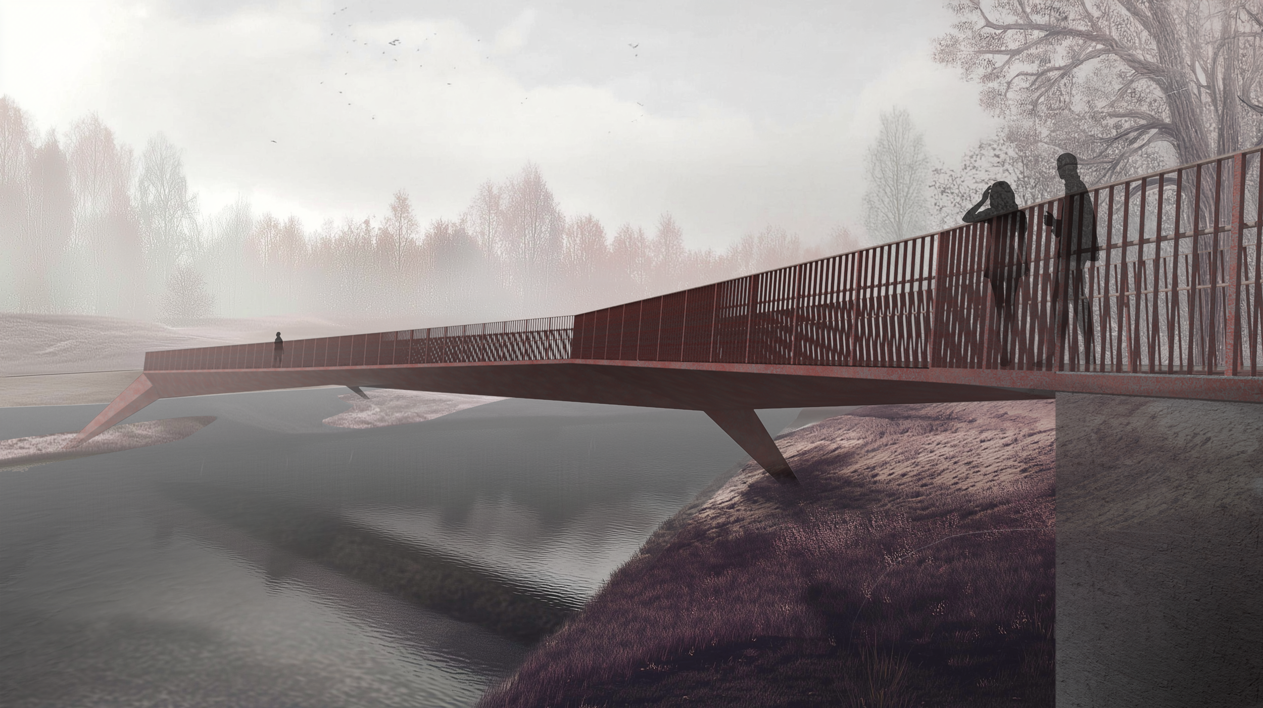Silhouettes of two people walking on a modern bridge over a river, with a foggy landscape and barren trees in the background.