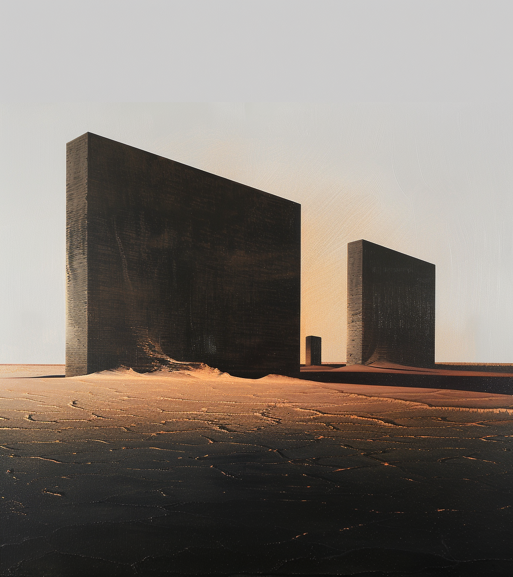 Two large, rectangular, dark-colored concrete blocks standing in a desert landscape at sunset, with long shadows and textured sandy ground.