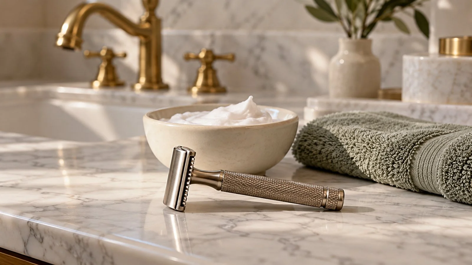 Metal razor, lather bowl and sage towel for a guide on how to prevent razor bumps