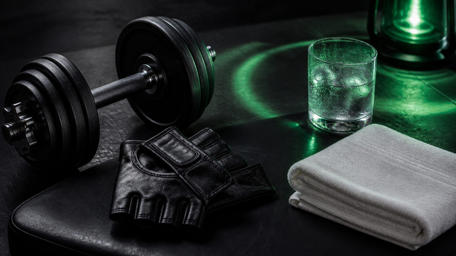 Black adjustable dumbbell, training gloves, white towel, and green editorial light for an Aaron Pierre workout article