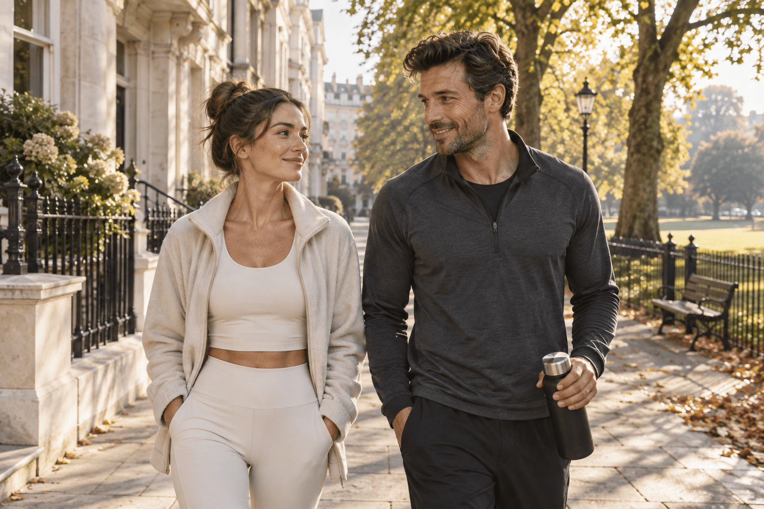 Two adults in neutral activewear walking along a sunlit neighborhood street