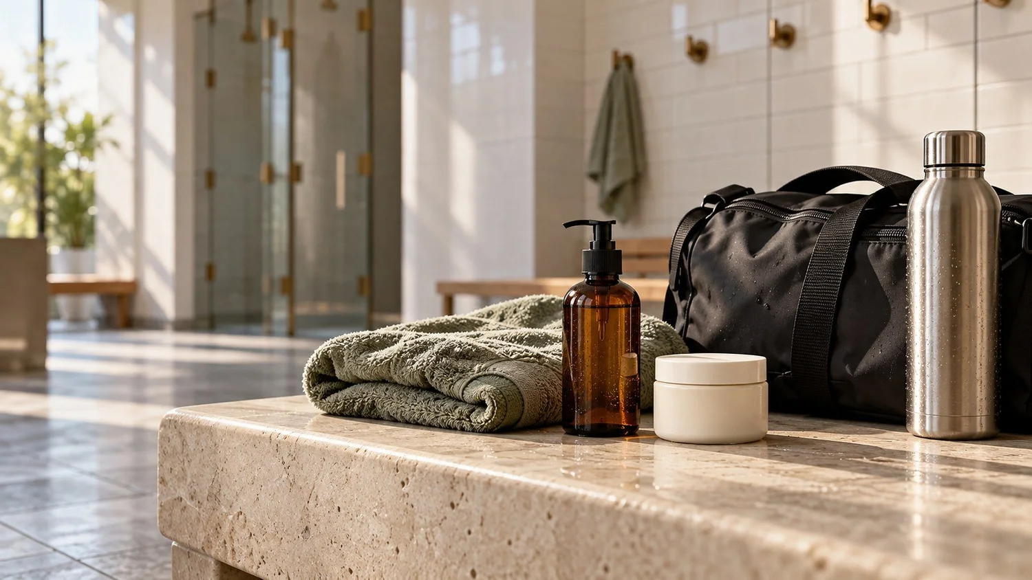 Gym bag, towel and unlabelled bottles illustrating skincare for men who work out.