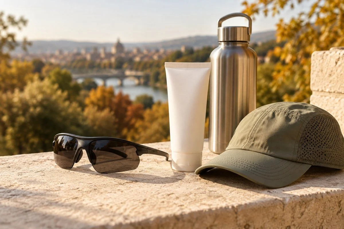 Plain cream tube, sunglasses, cap and water bottle on a stone ledge.