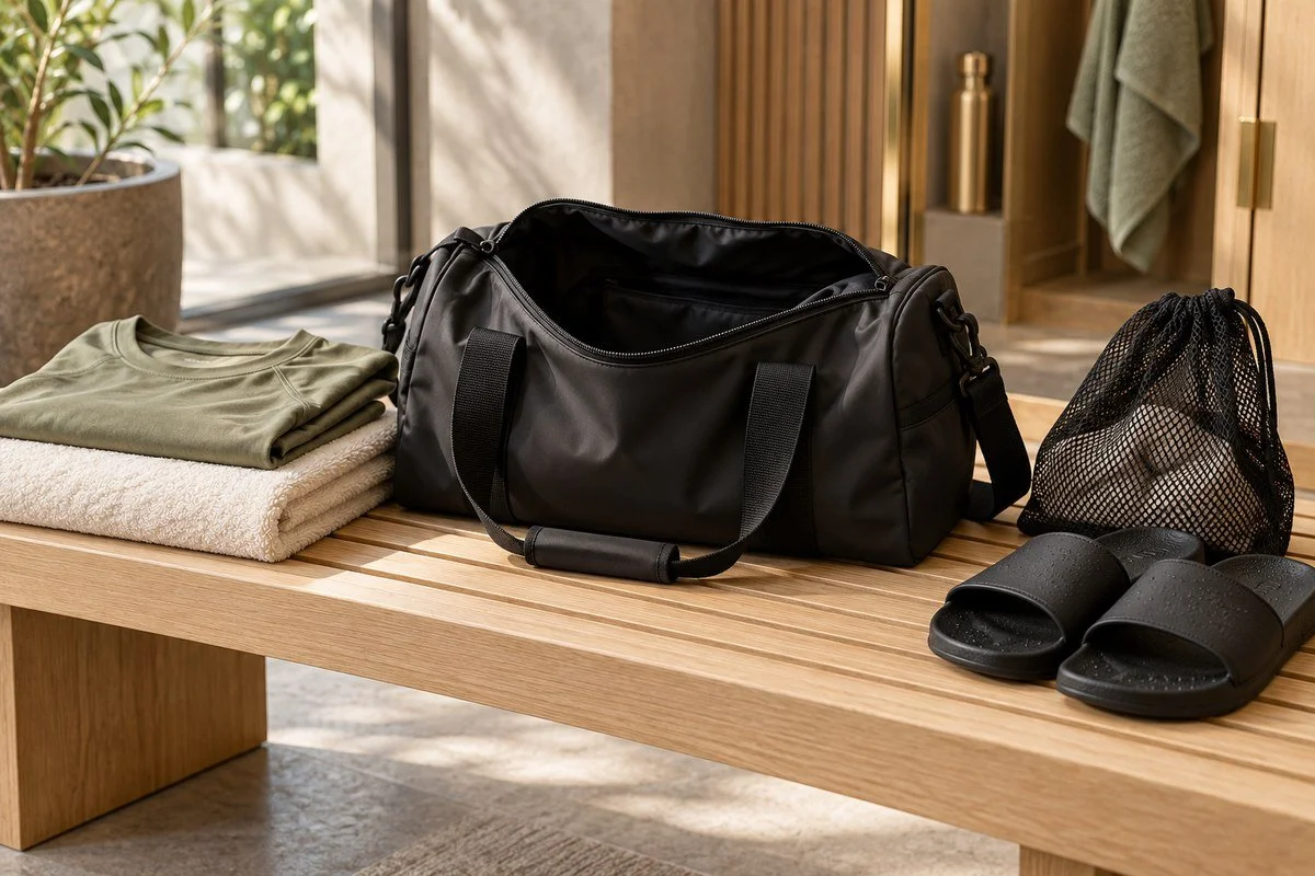 Open black gym bag, folded clean shirt, towel, laundry pouch and shower sandals.