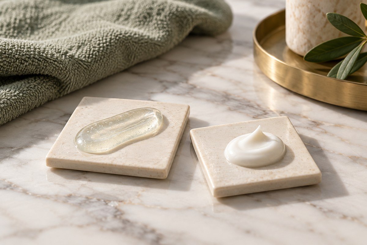 Clear gel and white cream on separate stone tiles beside a sage towel.