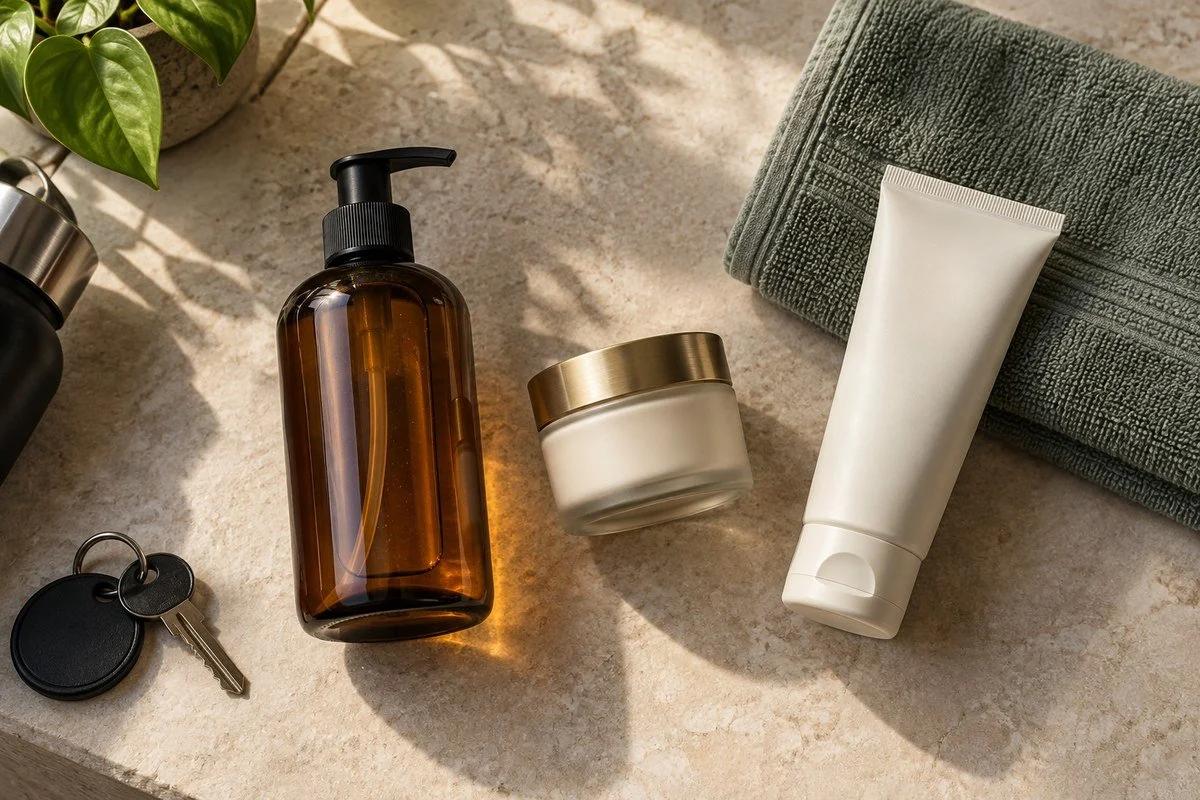 Unlabelled amber pump bottle, cream jar and tube beside a towel and locker key.