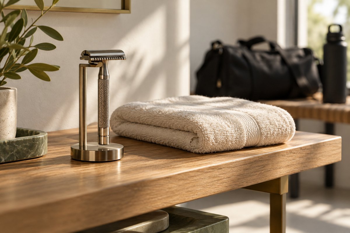 Metal razor drying on a stand beside a folded towel and gym bag