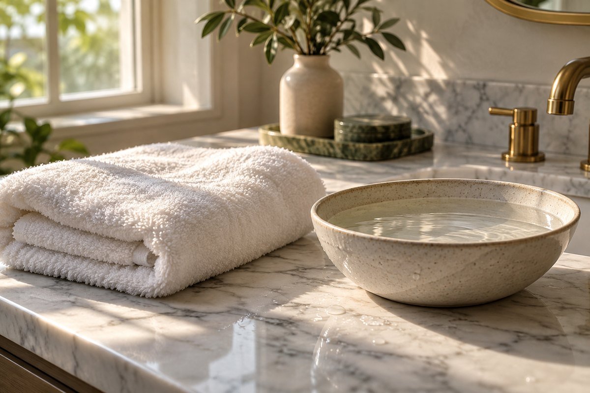 Folded white towel beside a ceramic bowl of water