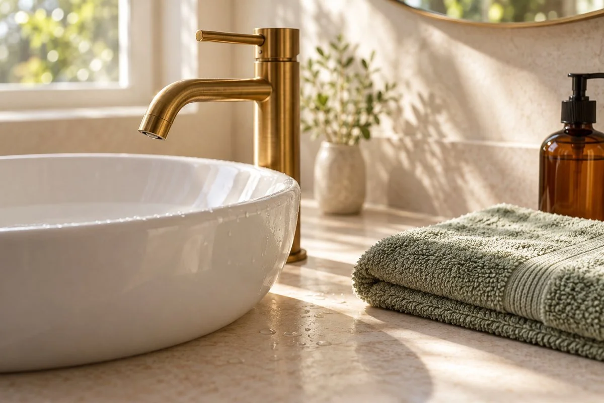 Amber cleanser bottle and sage towel beside a white basin and brass faucet