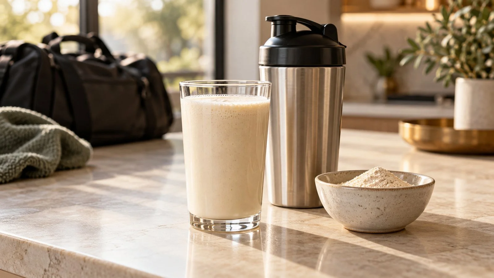 Vanilla shake, steel shaker and powder bowl for a whey protein acne article