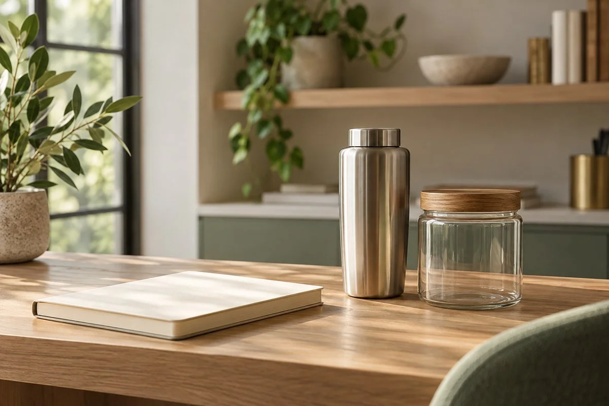 Blank notebook, steel bottle and empty glass jar on an oak desk