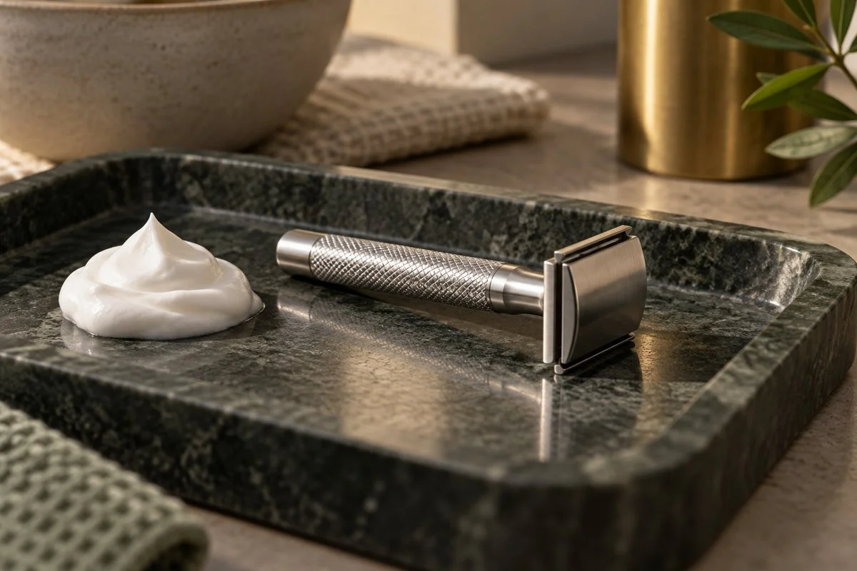 Unbranded metal razor and shaving lather on a dark stone tray