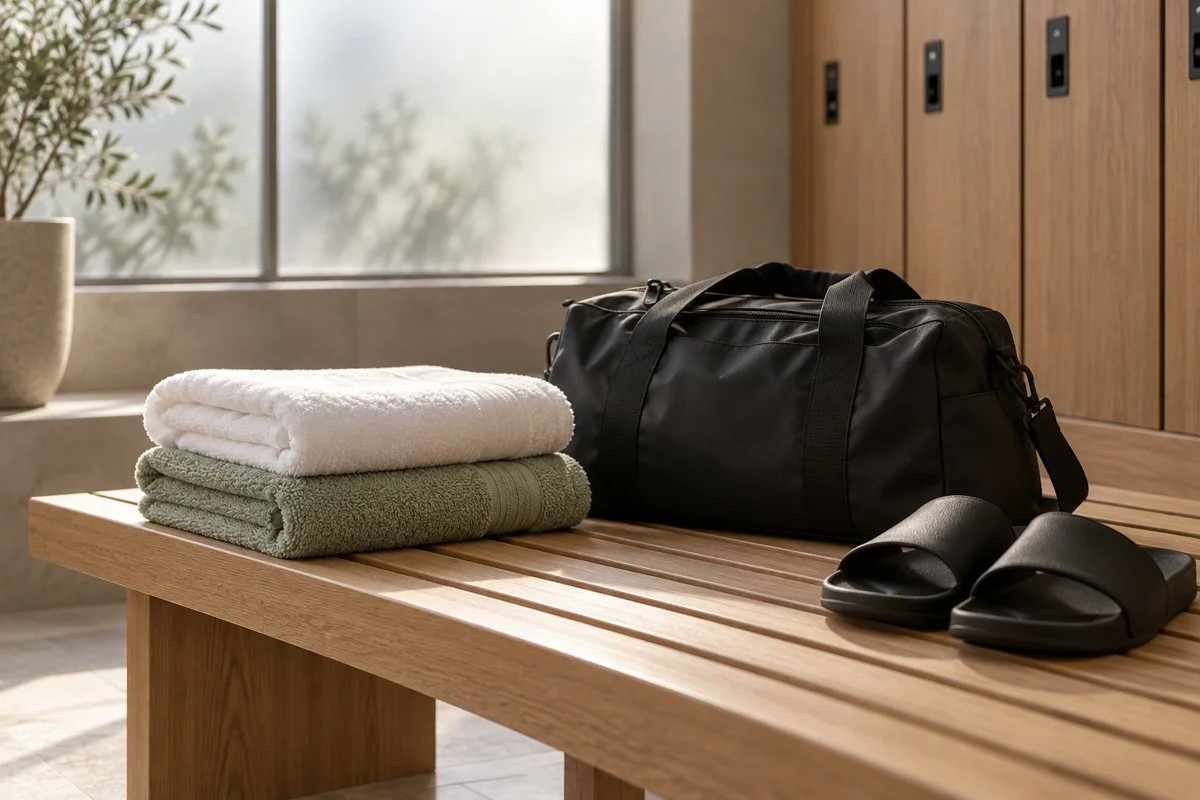 Clean towels, black gym bag and shower sandals on a locker-room bench