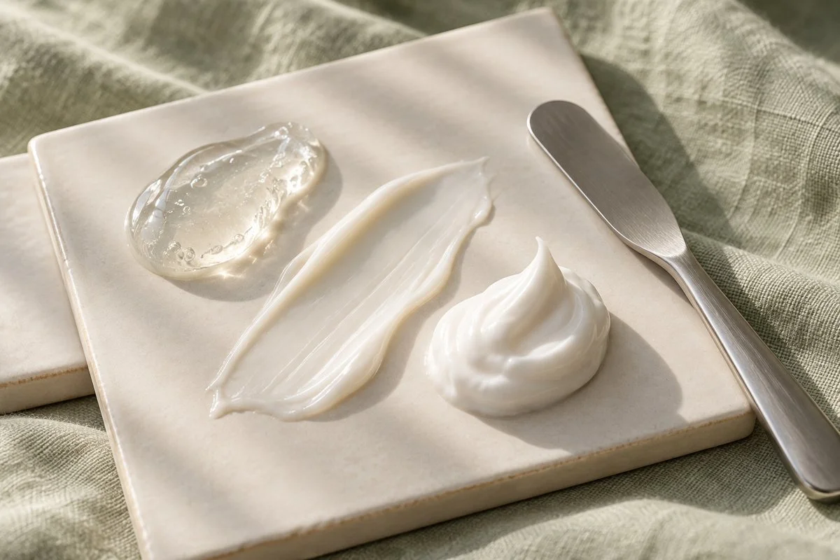 Gel, lotion and cream swatches on a white tile beside a metal spatula