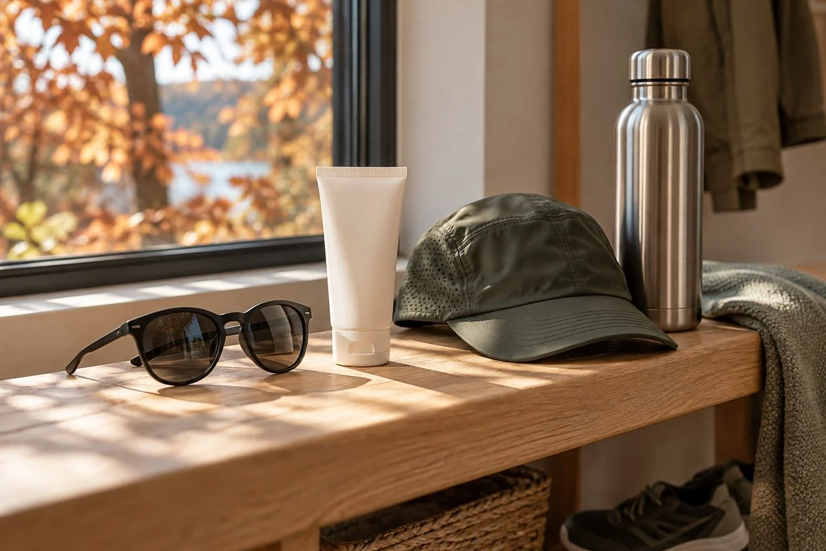 Blank sunscreen tube, sunglasses, cap and water bottle by an autumn window