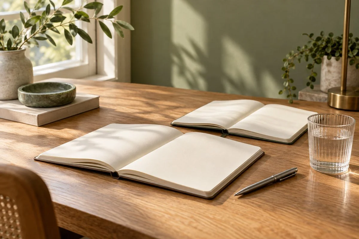 Two blank notebooks, a pen and water glass on an oak desk