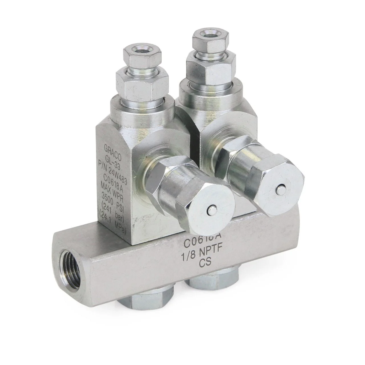 Graco | GL-33 Grease Injector, Carbon Steel, 2 Injector Manifold, 1/8 in. BSPP x 6 mm