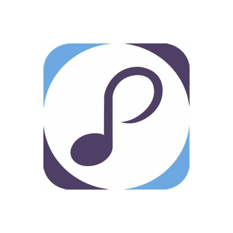 A purple eighth note logo on a white background