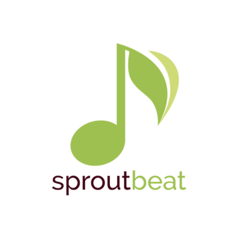 a light green eighth note logo on a white background with the word "sproutbeat" underneath.