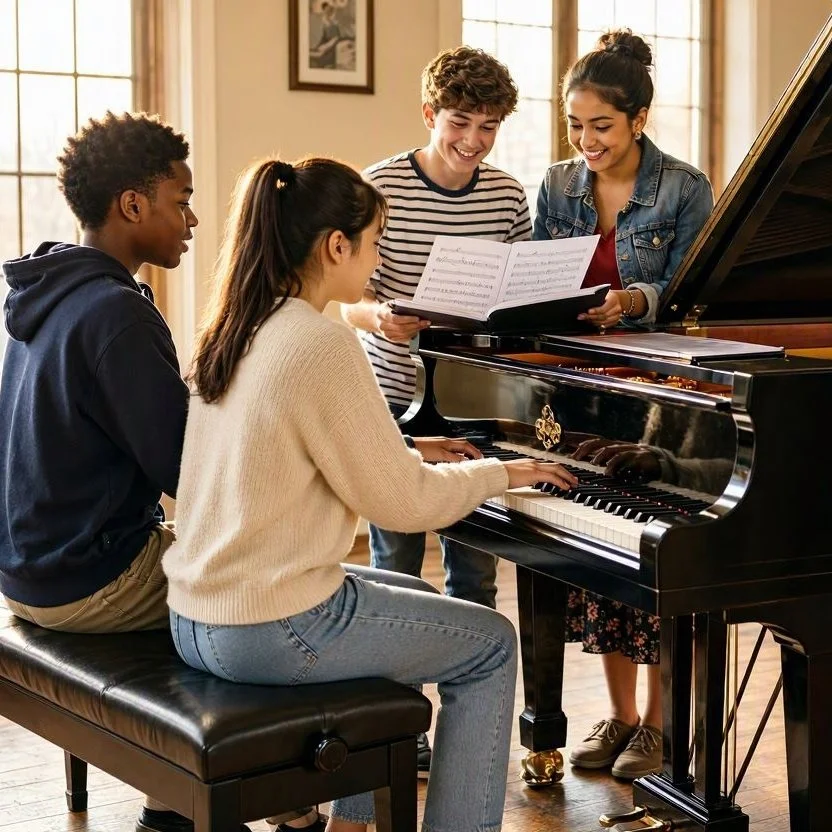 Four teen musicians gather around a grand piano.