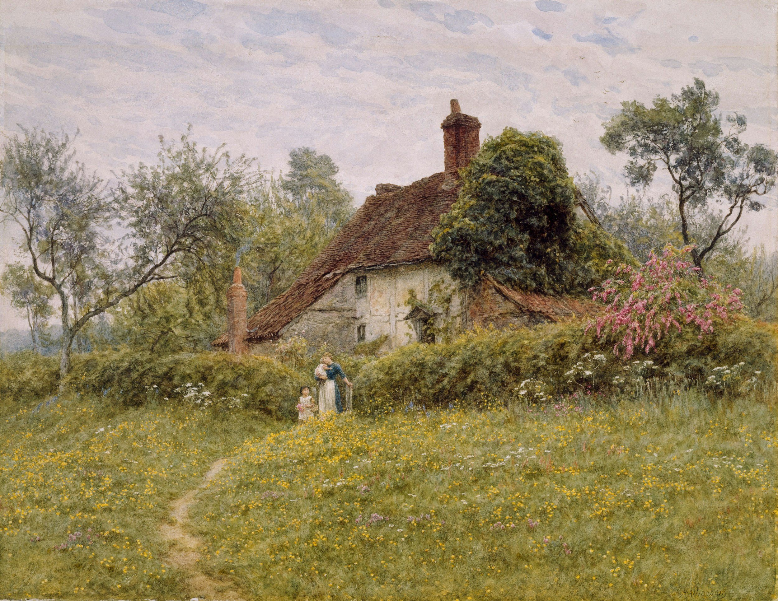 A peaceful rural scene with a thatched-roof cottage surrounded by trees and blooming flowers. Two children are playing on a grassy area filled with small yellow and white flowers.