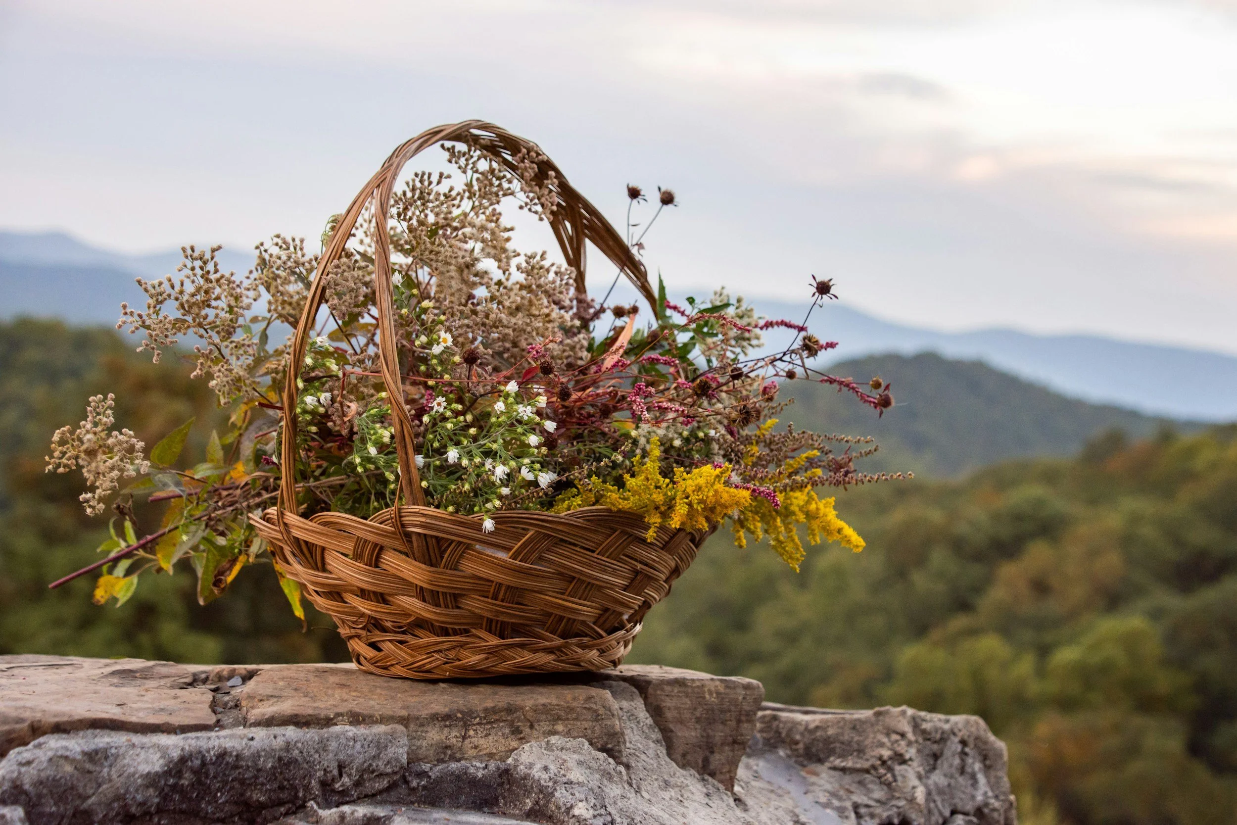 A basket filled with wildflowers placed on a stone surface outdoors, with mountains and a cloudy sky in the background.