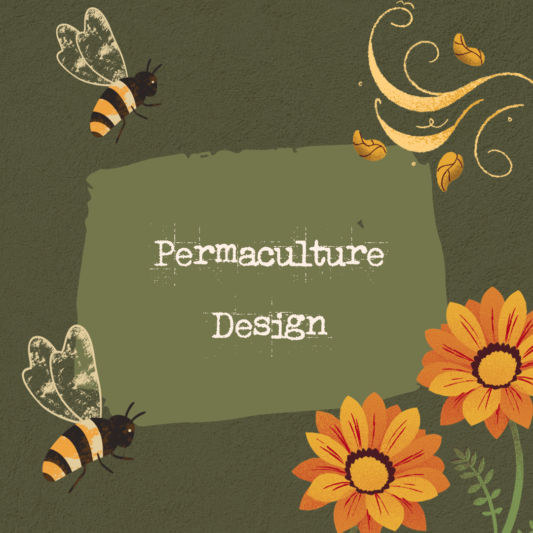 A digital illustration featuring bees, flowers, and leaves with the text 'Permaculture Design' in the center.