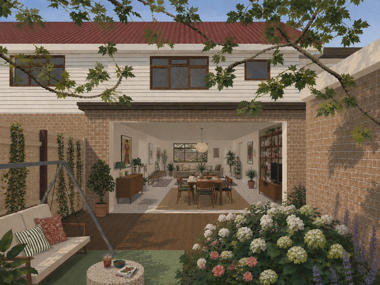 Proposed view:  Re-designed living room opening onto back garden.