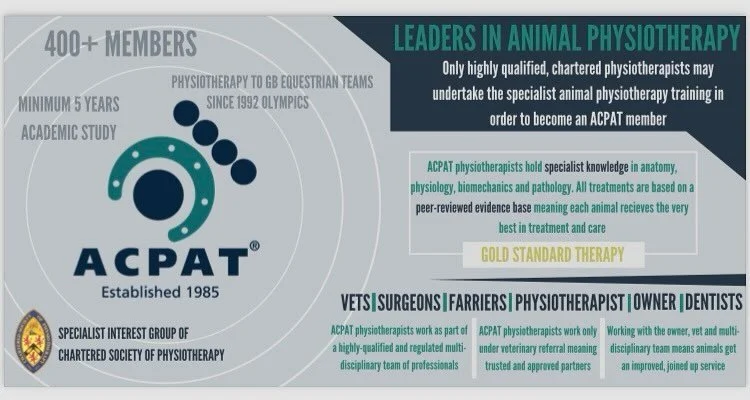 🌟🌟 Why chose an ACPAT Physiotherapist? 🌟🌟

➡️ ACPAT is the Association of Chartered Physiotherapists in Animal Therapy 🐾 

➡️ An ACPAT physiotherapist has completed a minimum of 3 years studying (BSc) to become a human physiotherapist, followed 