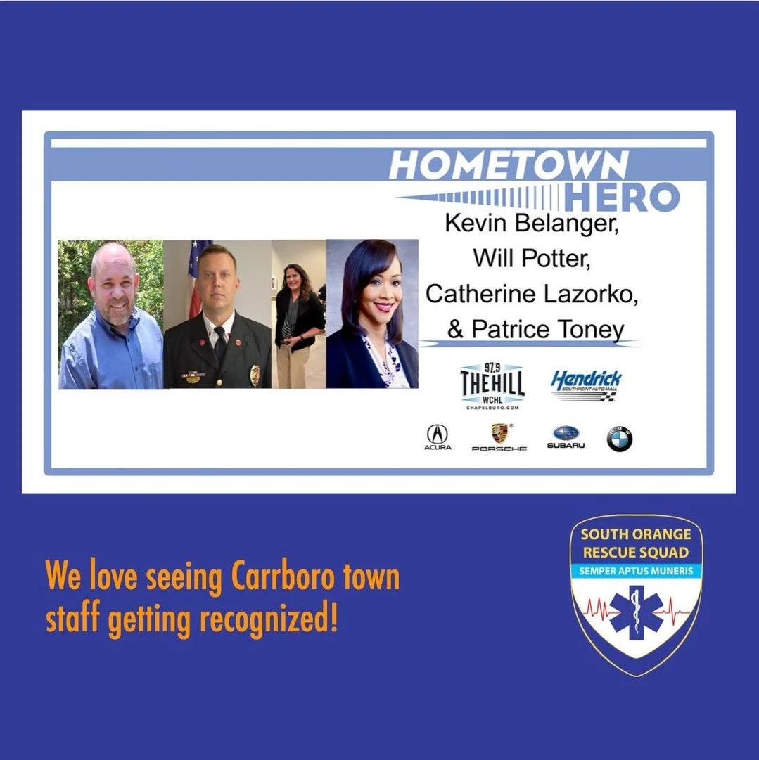 Way to go! Congratulations to our Town of Carrboro colleagues on being named Hometown Heroes. We appreciate all you do for our town. Details at chapelboro.com. #ocnc #carrboro #alwaysinmotion