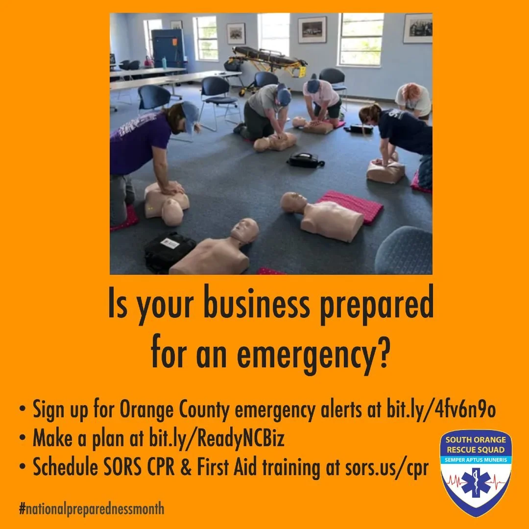 At SORS, being prepared *is* our business. But is your business ready for an emergency? Now's a great time to update or create an emergency action plan for your organization! Get started at bit.ly/ReadyNCBiz. #readync #ocnc #NationalPreparednessMonth