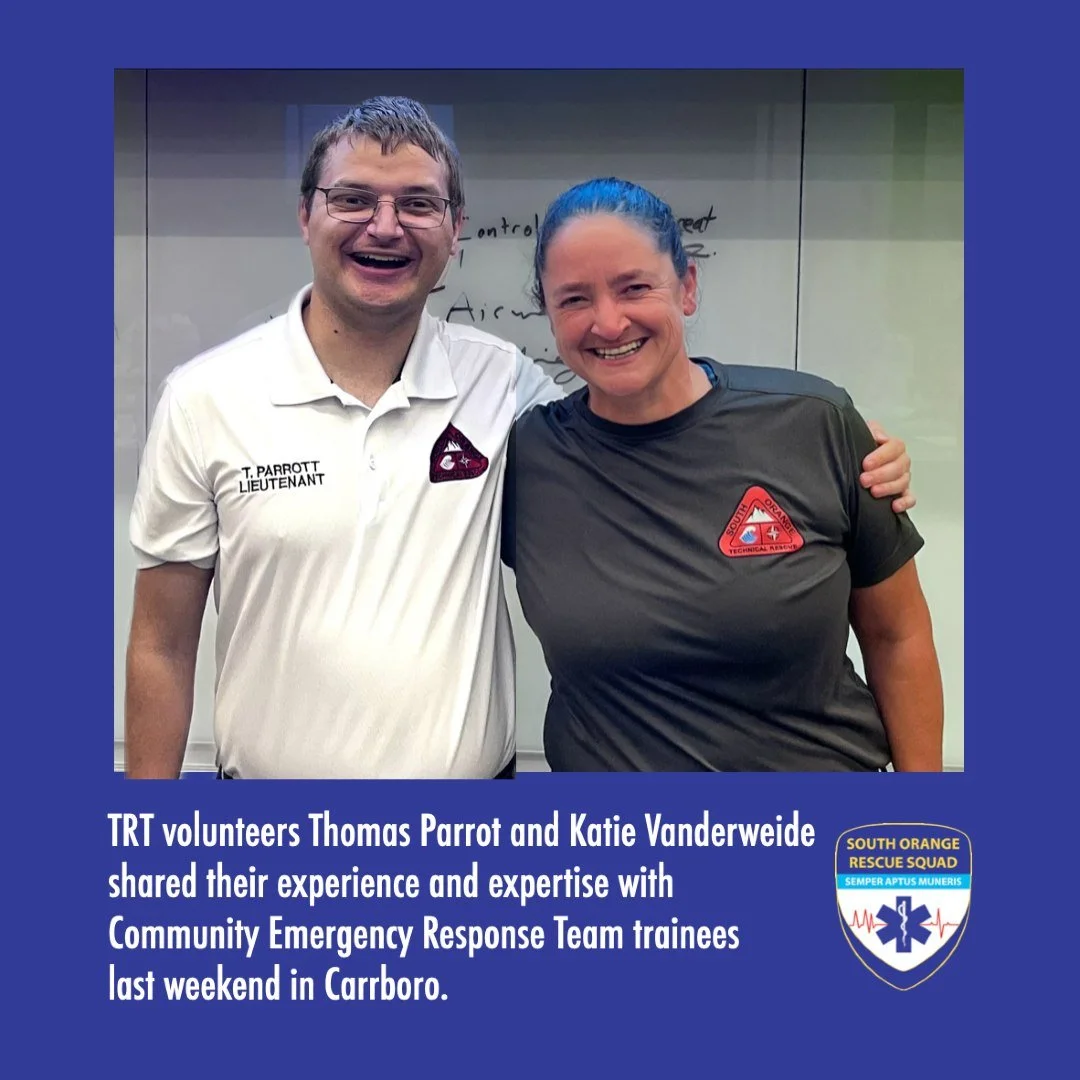 Last weekend, Technical Rescue Team members Thomas Parrott and Katie Vanderweide shared their search-and-rescue expertise with local residents participating in Community Emergency Response Team training, hosted by the Carrboro Fire Department and Ora