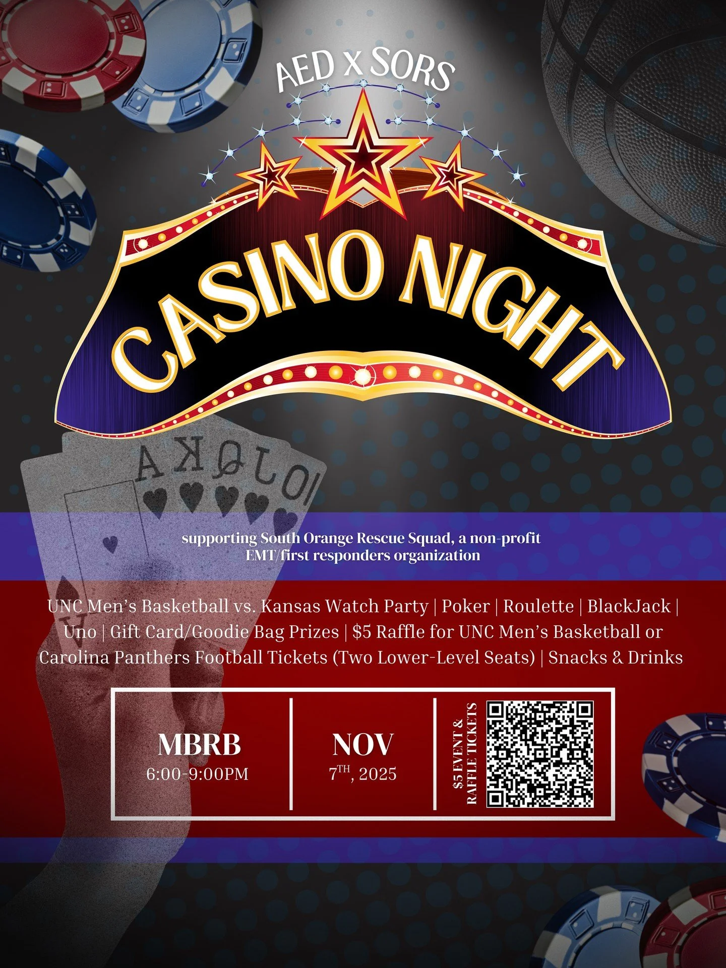 The members of AED, UNC's Pre-Health Honor Society, are graciously hosting a SORS fundraiser this Friday, November 7th! Join us for a watch party featuring fun games and delicious food, plus a chance to win premium seats to a UNC Men's Basketball gam