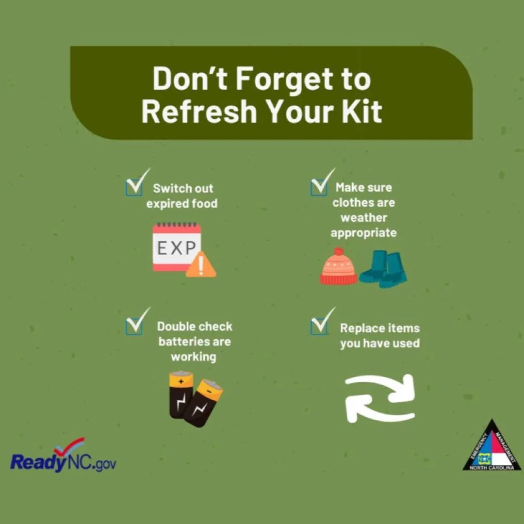Our colleagues at NC Emergency Management remind you that now's a great time to refresh your emergency kit! Check expiration dates on food, water and first aid supplies, change out seasonal clothing and recharge your batteries! Get more tips for your