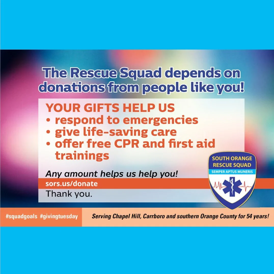 Did you know your gift to South Orange Rescue Squad goes directly to providing emergency services, training personnel, and delivering free community CPR and first aid classes? Our all-volunteer organization has been serving #ocnc for more than half a