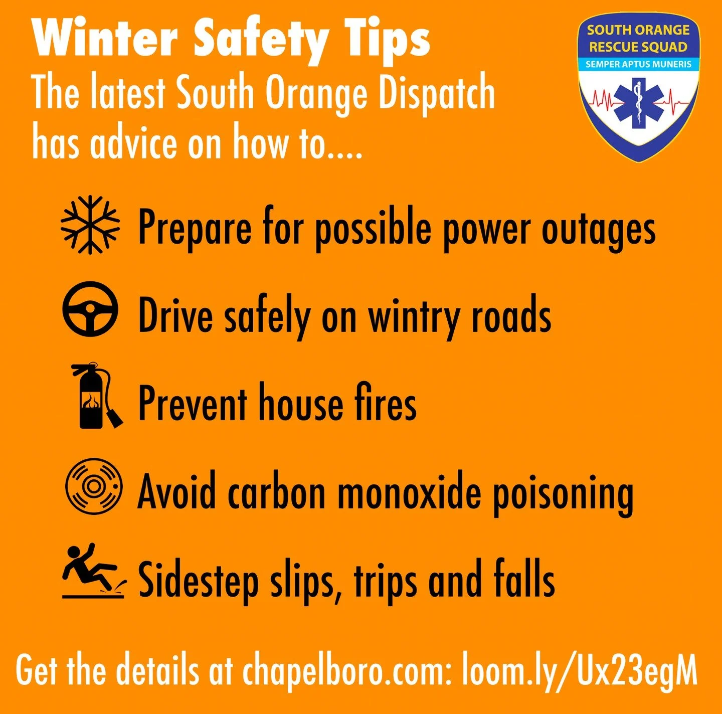 Are you ready for this weekend's weather? ❄️ Snow, extreme cold and ice can cause power outages, unsafe driving conditions and other hazards. We&rsquo;ve got some tips to help you stay safe at the South Orange Dispatch link in our bio and here on our